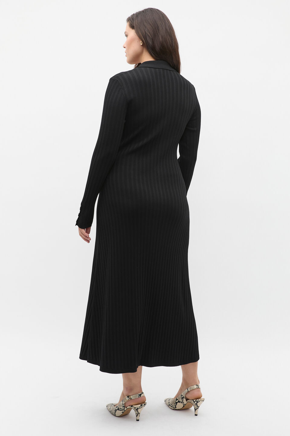 Crepe Ribbed Polo Midi Dress  Black