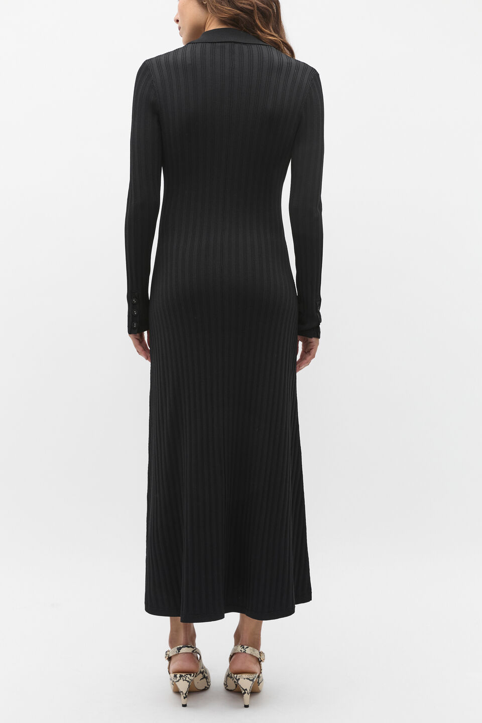 Crepe Ribbed Polo Midi Dress  Black