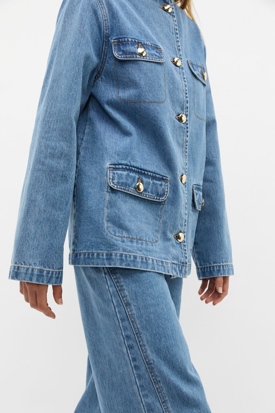 Denim Collarless Jacket  Ice Blue Wash