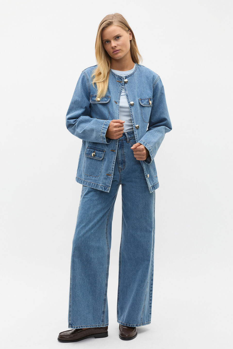 Denim Collarless Jacket  Ice Blue Wash