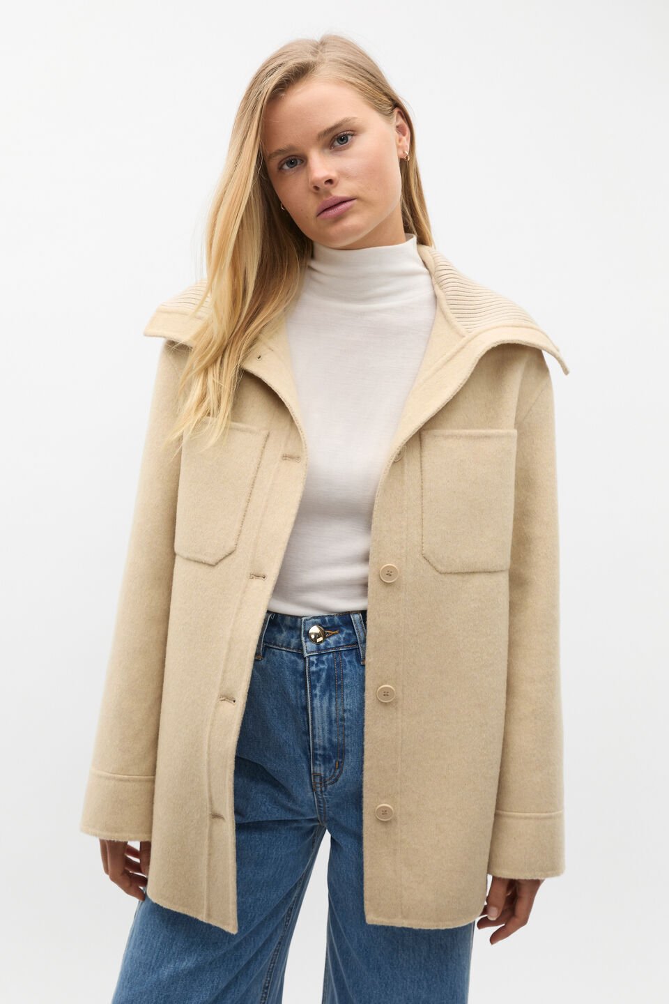Wool Blend Rib Collar Shacket  Latte Marle