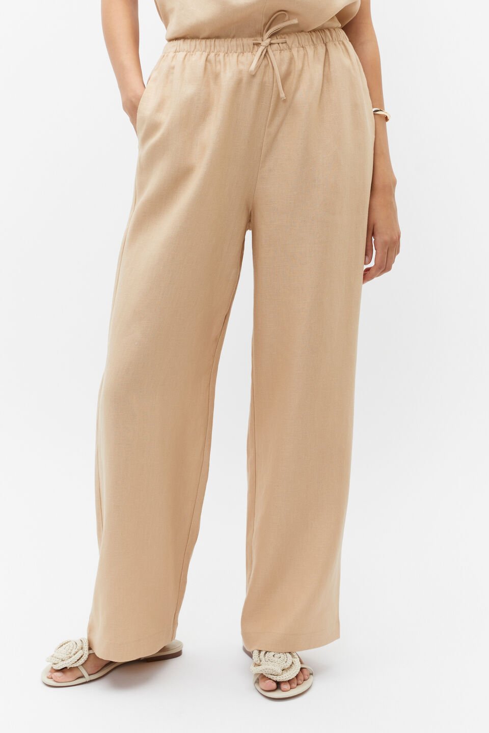 Core Linen Wide Leg Tie Pant  Nougat