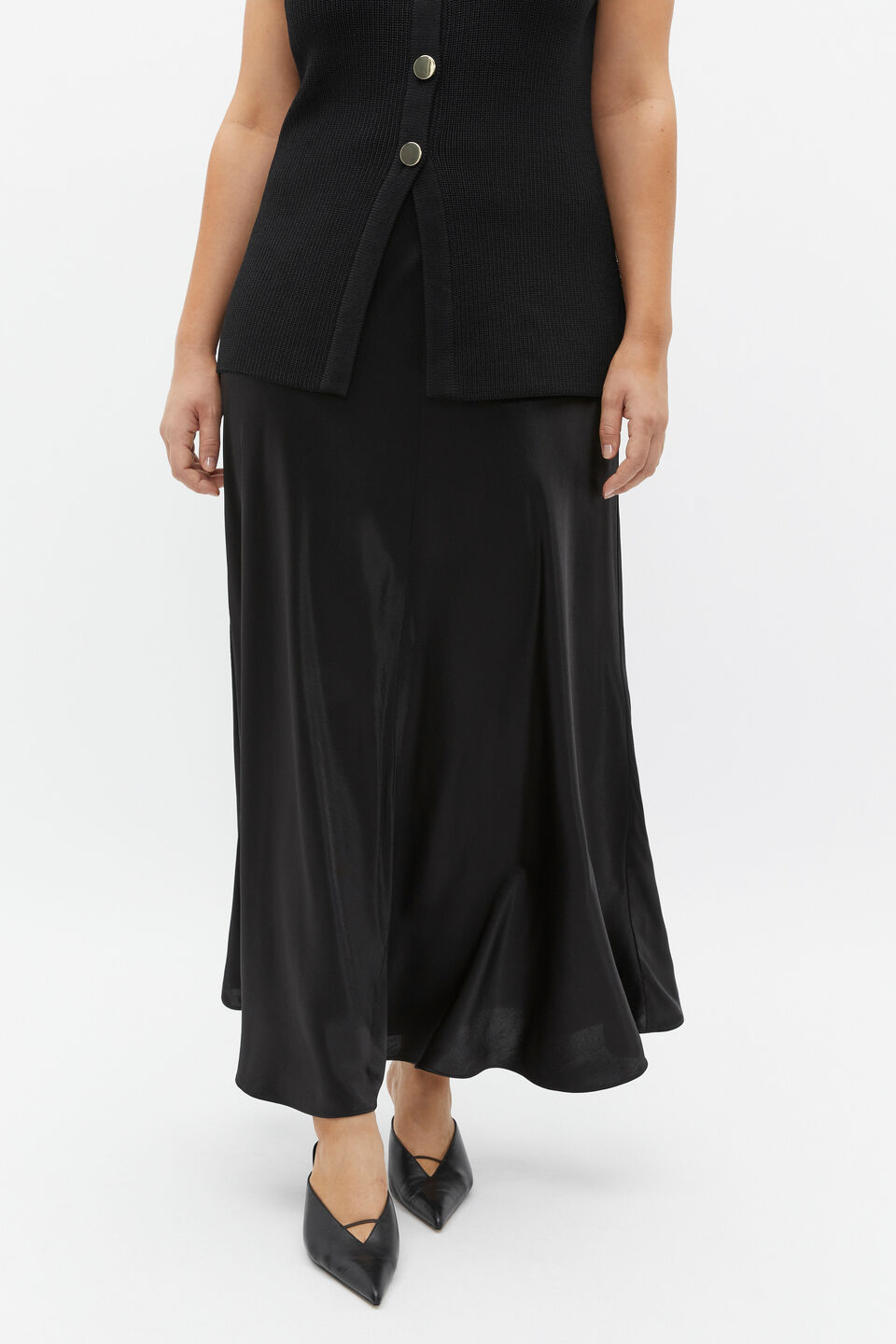 Satin Midi Swing Skirt  Black