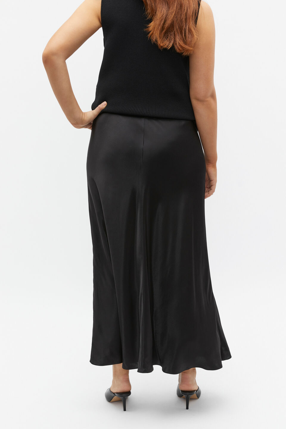 Satin Midi Swing Skirt  Black