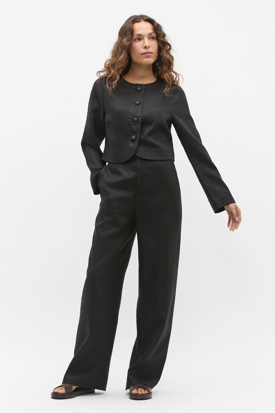 Long Sleeve Linen Vest  Black
