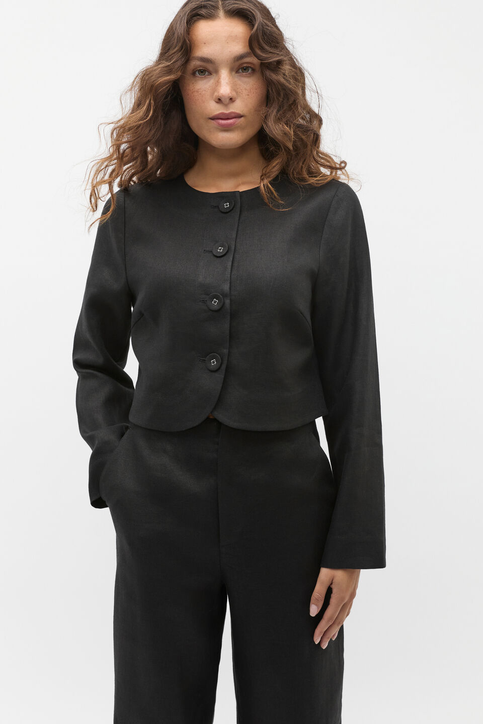 Long Sleeve Linen Vest  Black