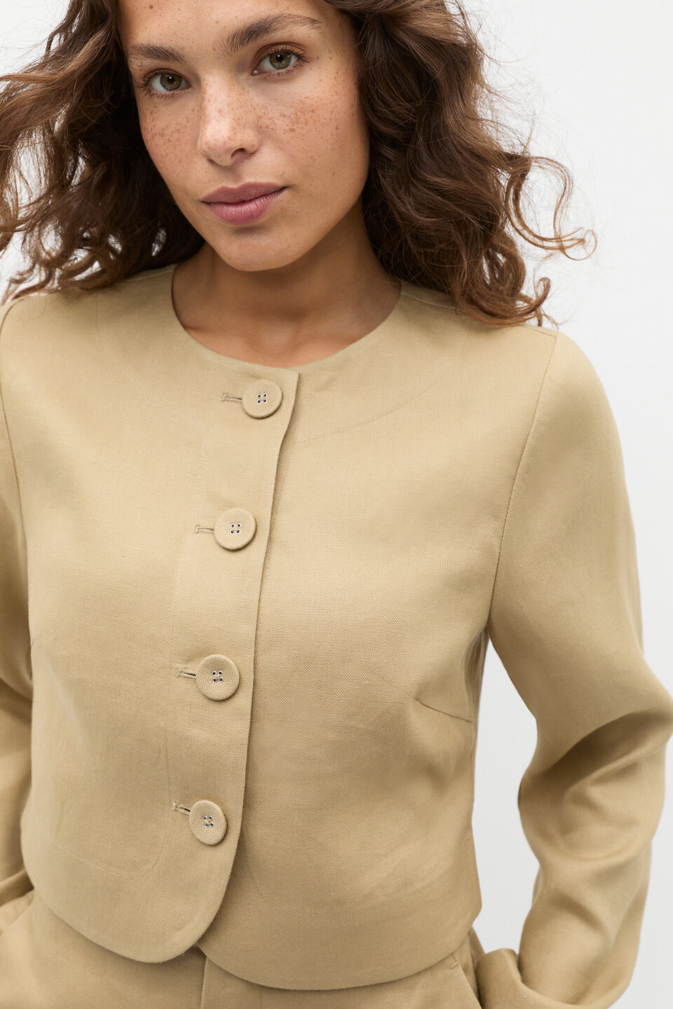 Long Sleeve Linen Vest  Cashew