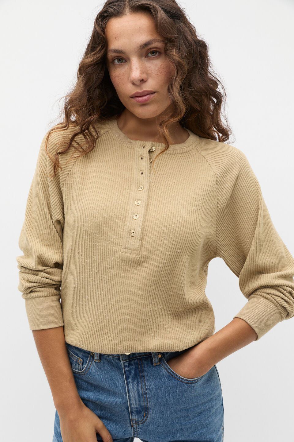 Supersoft Henley Relaxed Top  Cashew