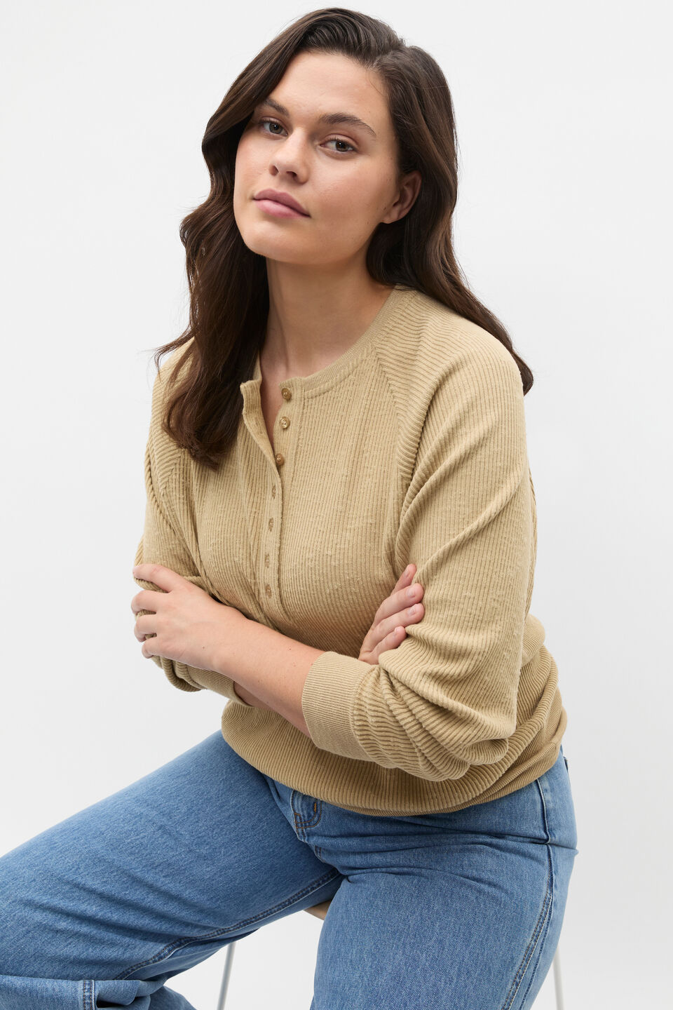 Supersoft Henley Relaxed Top  Cashew