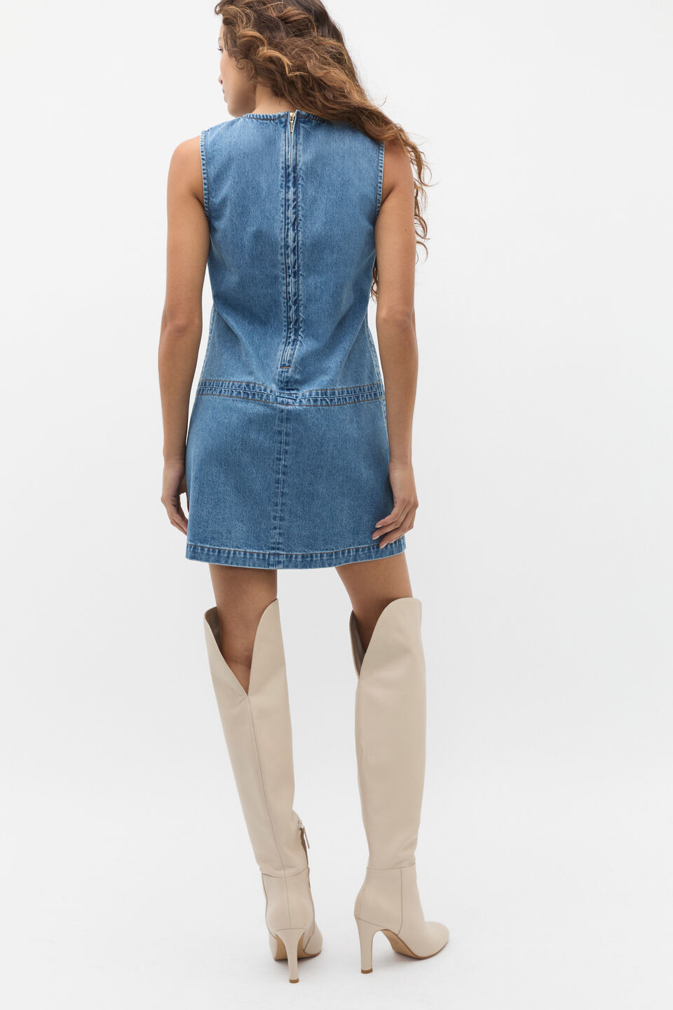 Denim Pleat Mini Dress  Ice Blue Wash