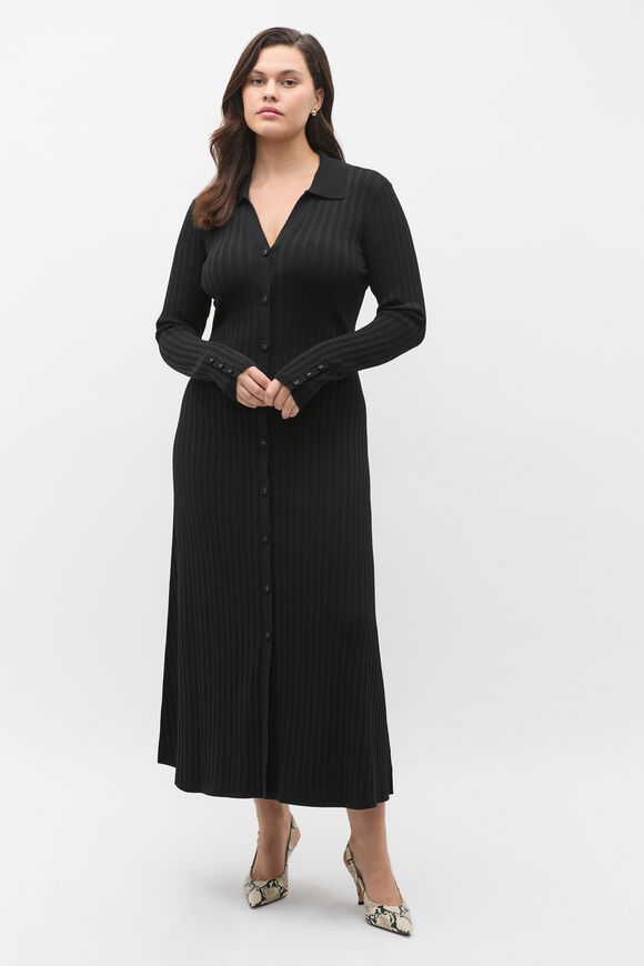 Crepe Ribbed Polo Midi Dress  Black  hi-res