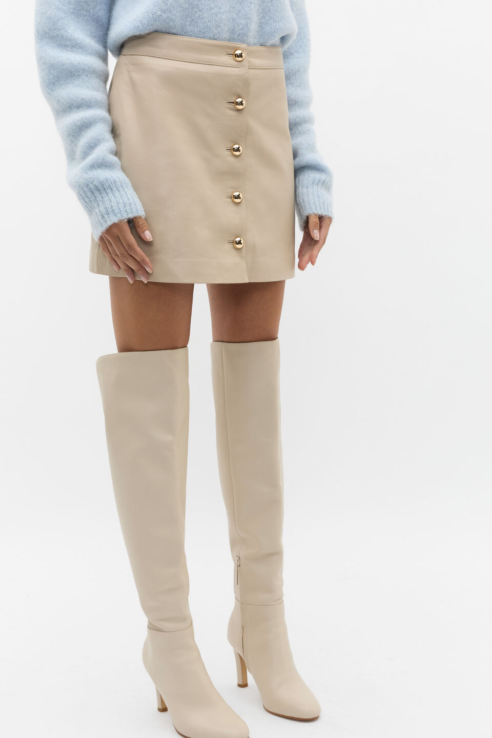 Leather Button Mini Skirt  Latte