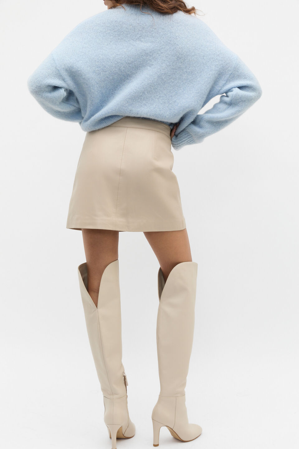 Leather Button Mini Skirt  Latte