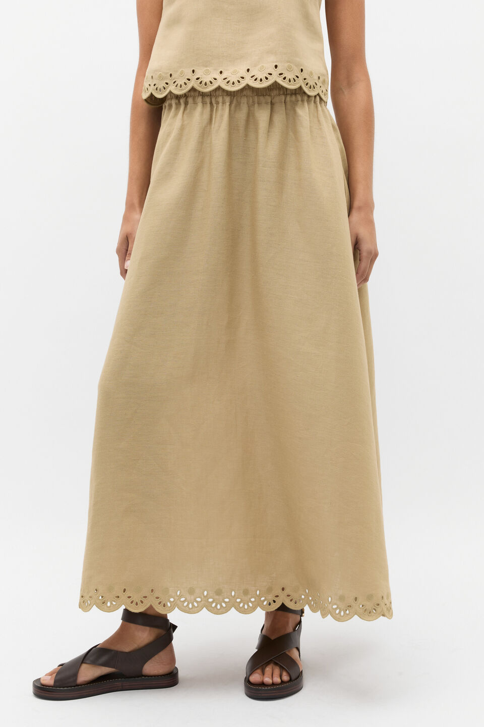 Scallop Broderie Midi Skirt  Cashew