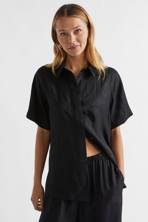 Satin Short Sleeve Shirt  Black  hi-res