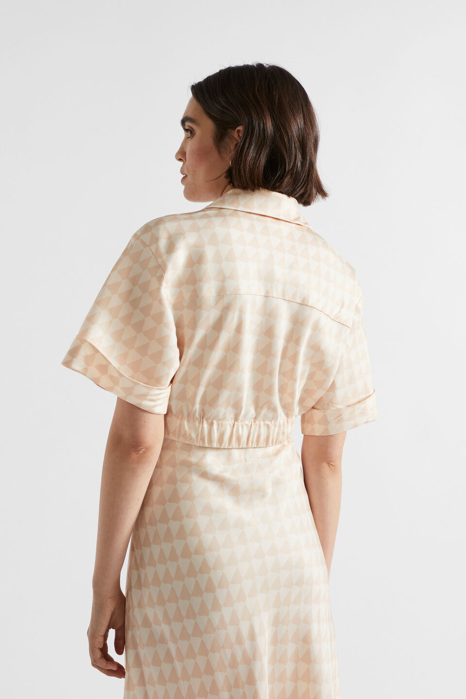 Satin Geo Crop Shirt  Soft Wheat Geo