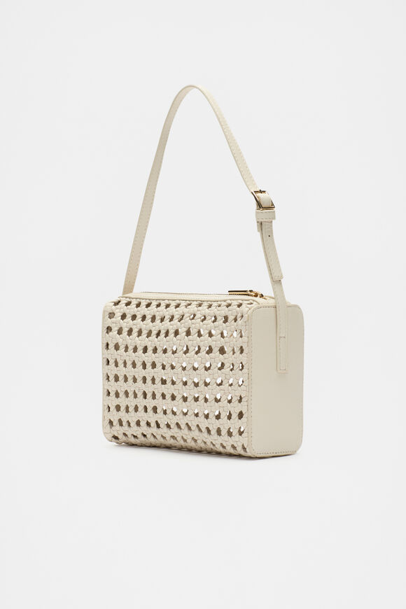 Leather Woven Shoulder Bag  Cream  hi-res