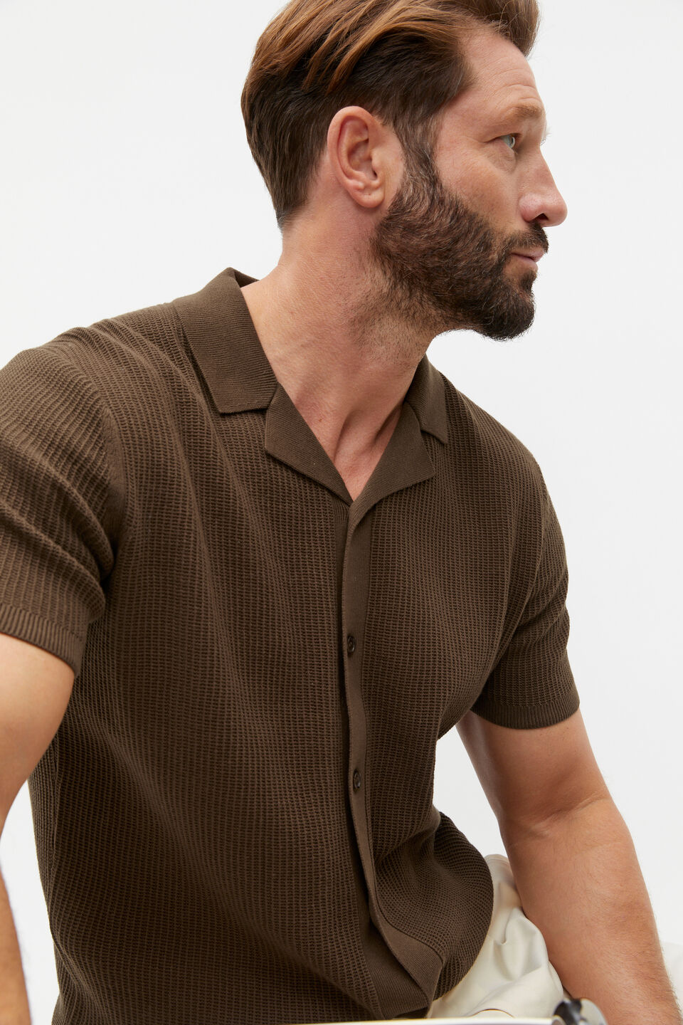Button Down Open Knit  Dark Praline