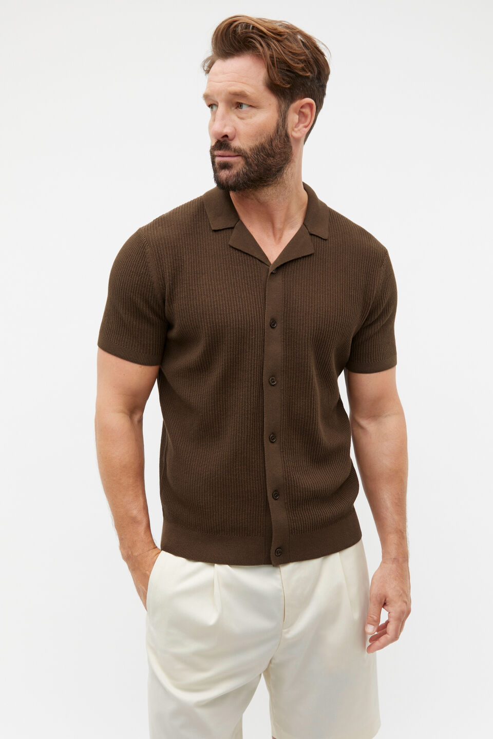 Button Down Open Knit  Dark Praline