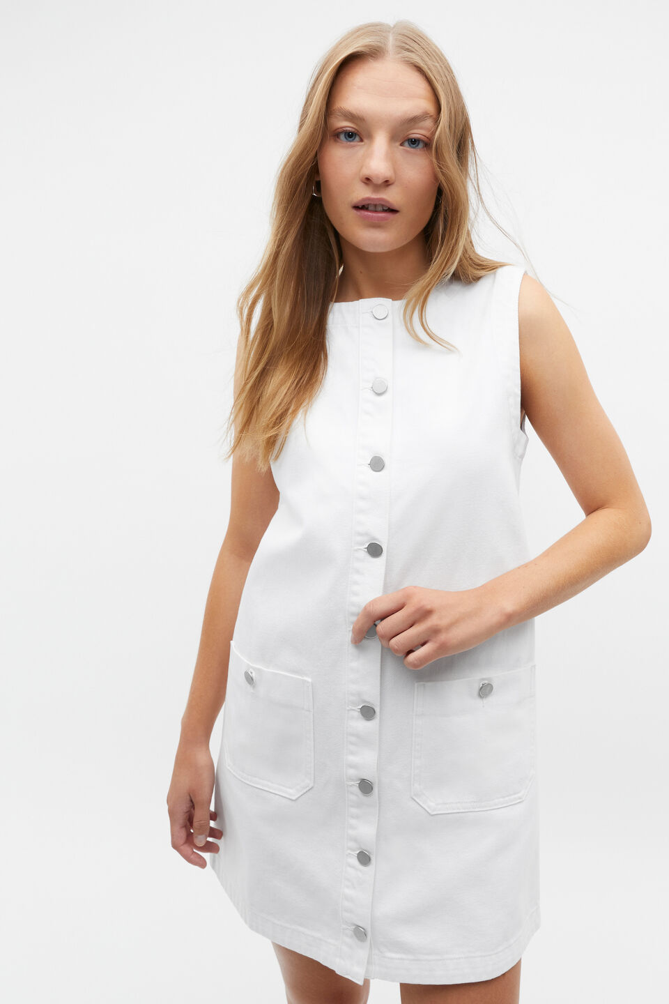Denim Button Down Mini Shift Dress  White