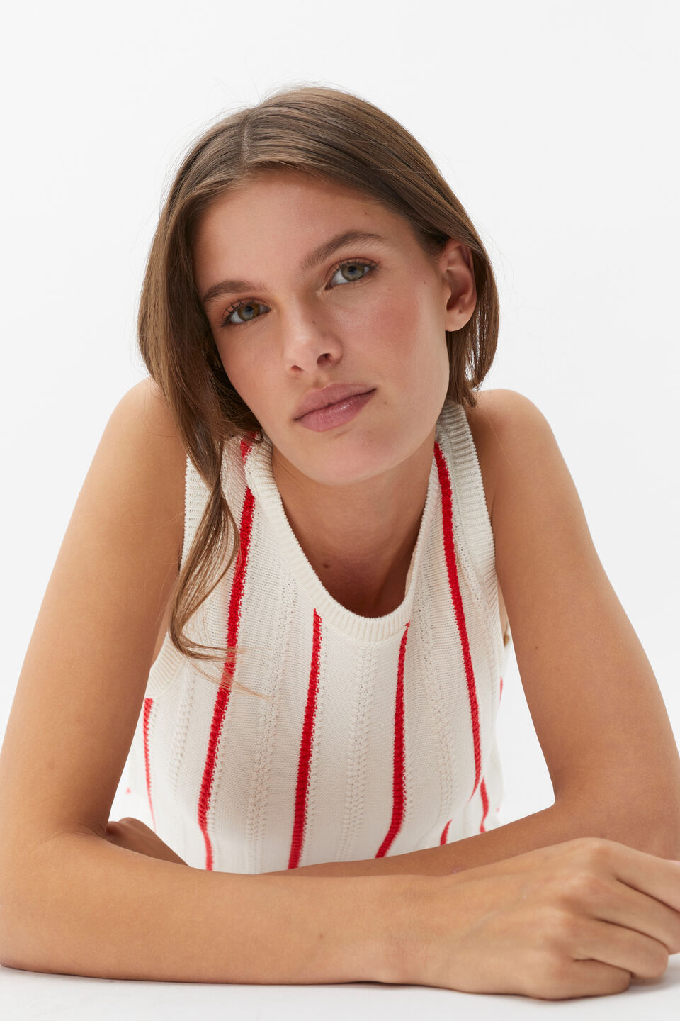 Crochet Crew Neck Mini Dress  Strawberry Red Stripe