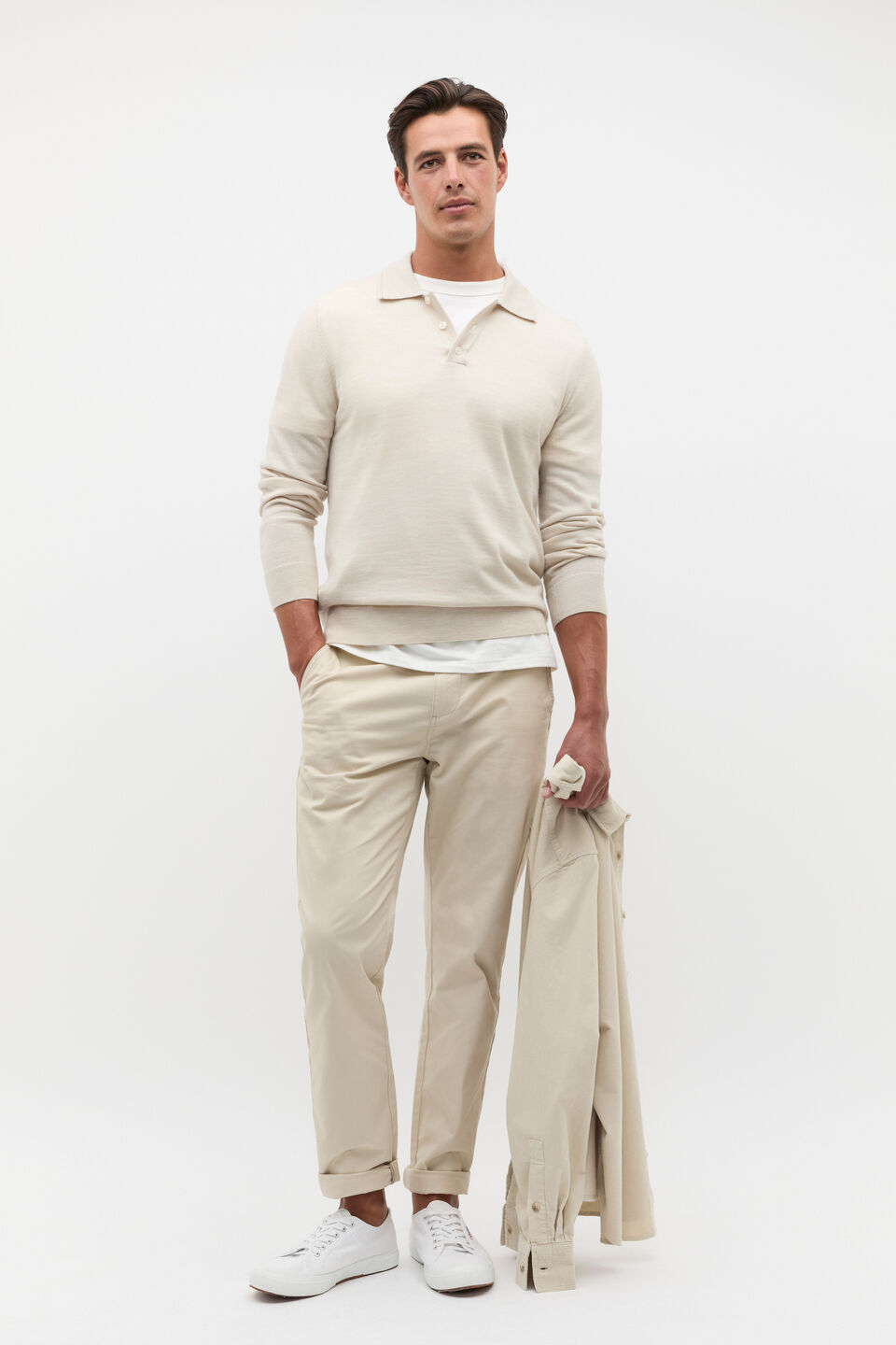 Merino Wool Long Sleeve Polo  Cool Stone Marle