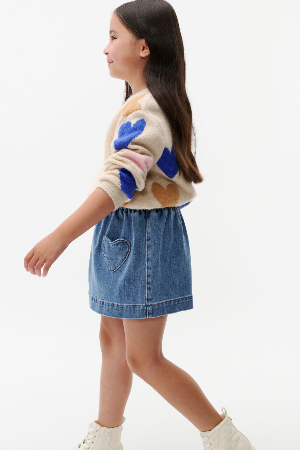 Heart Denim Skirt  Mid Blue Wash