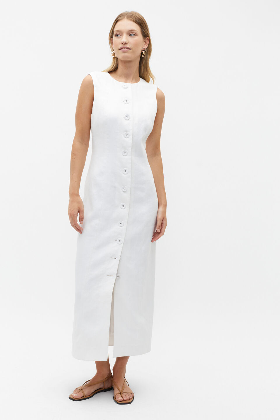 Linen Button Through Midi Dress  Whisper White