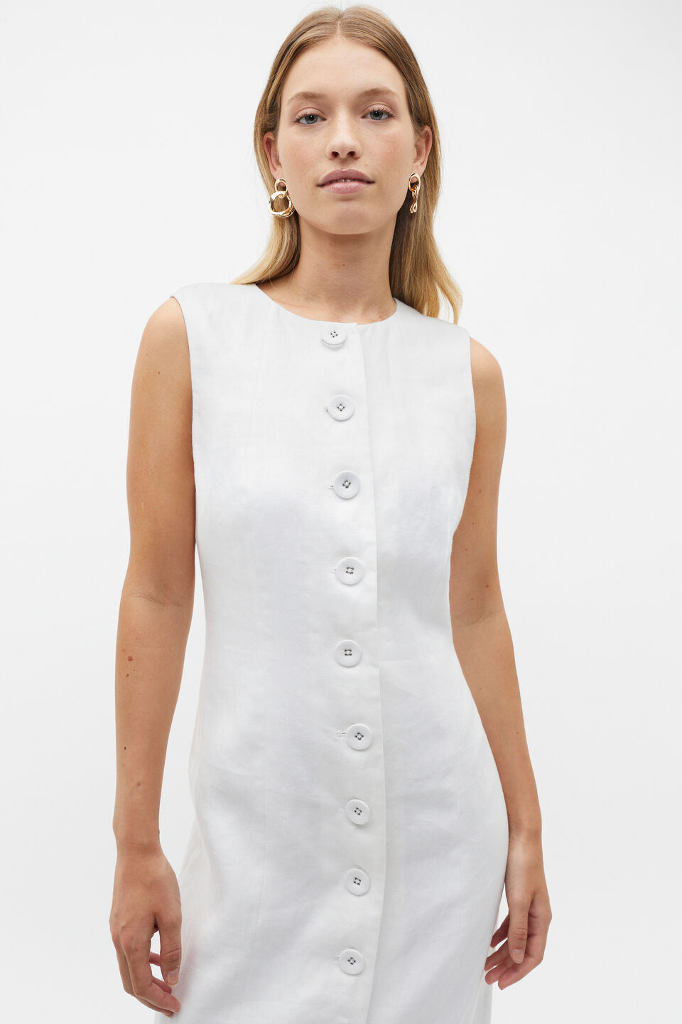 Linen Button Through Midi Dress  Whisper White