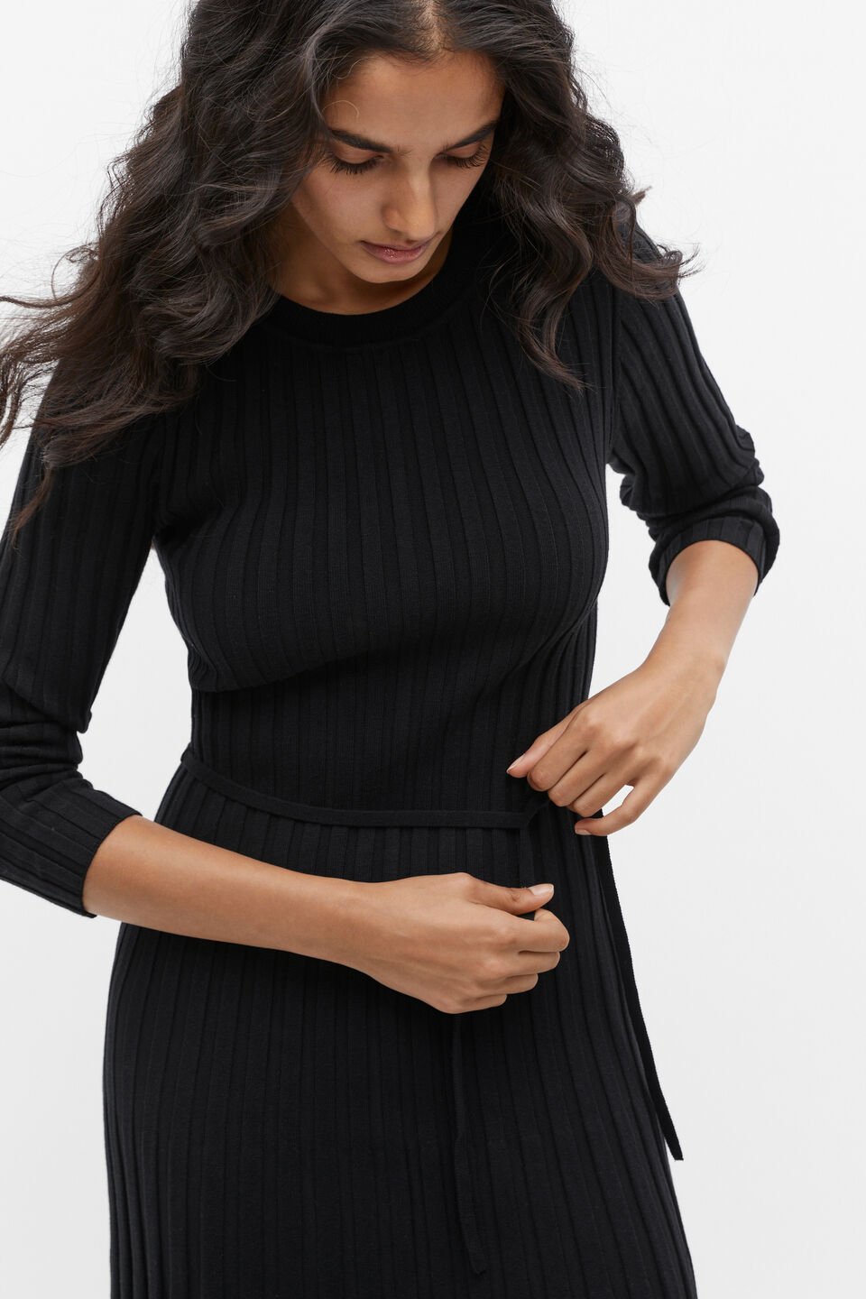Pleated Knit Midi Dress  Black