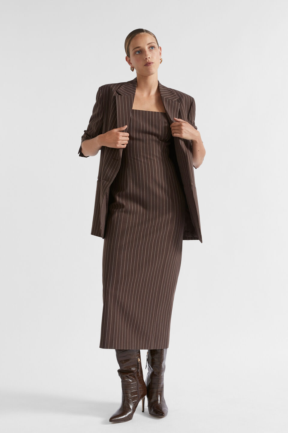 Tailored Midi Dress  Dark Espresso Pinstripe