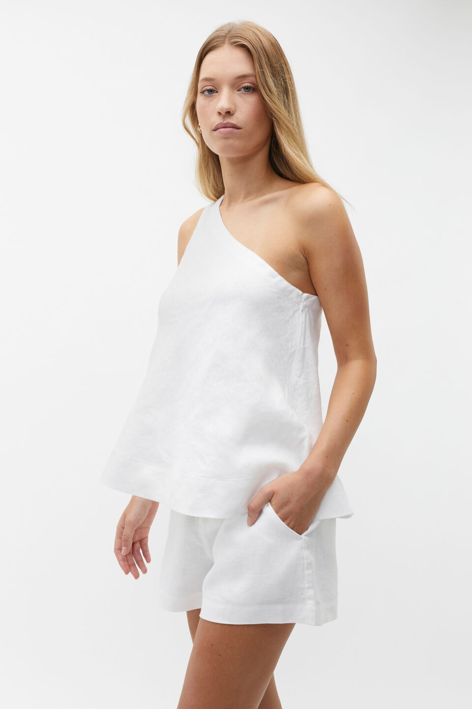 Linen One Shoulder Top  Whisper White