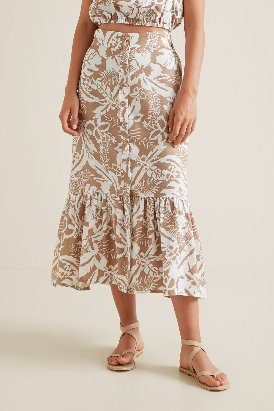 Palm Print Button Skirt  