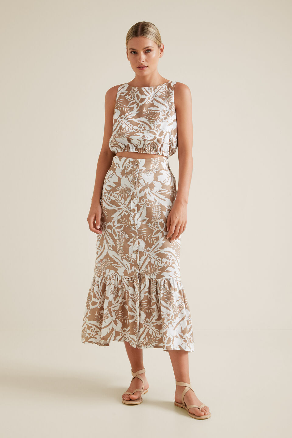 Palm Print Button Skirt  
