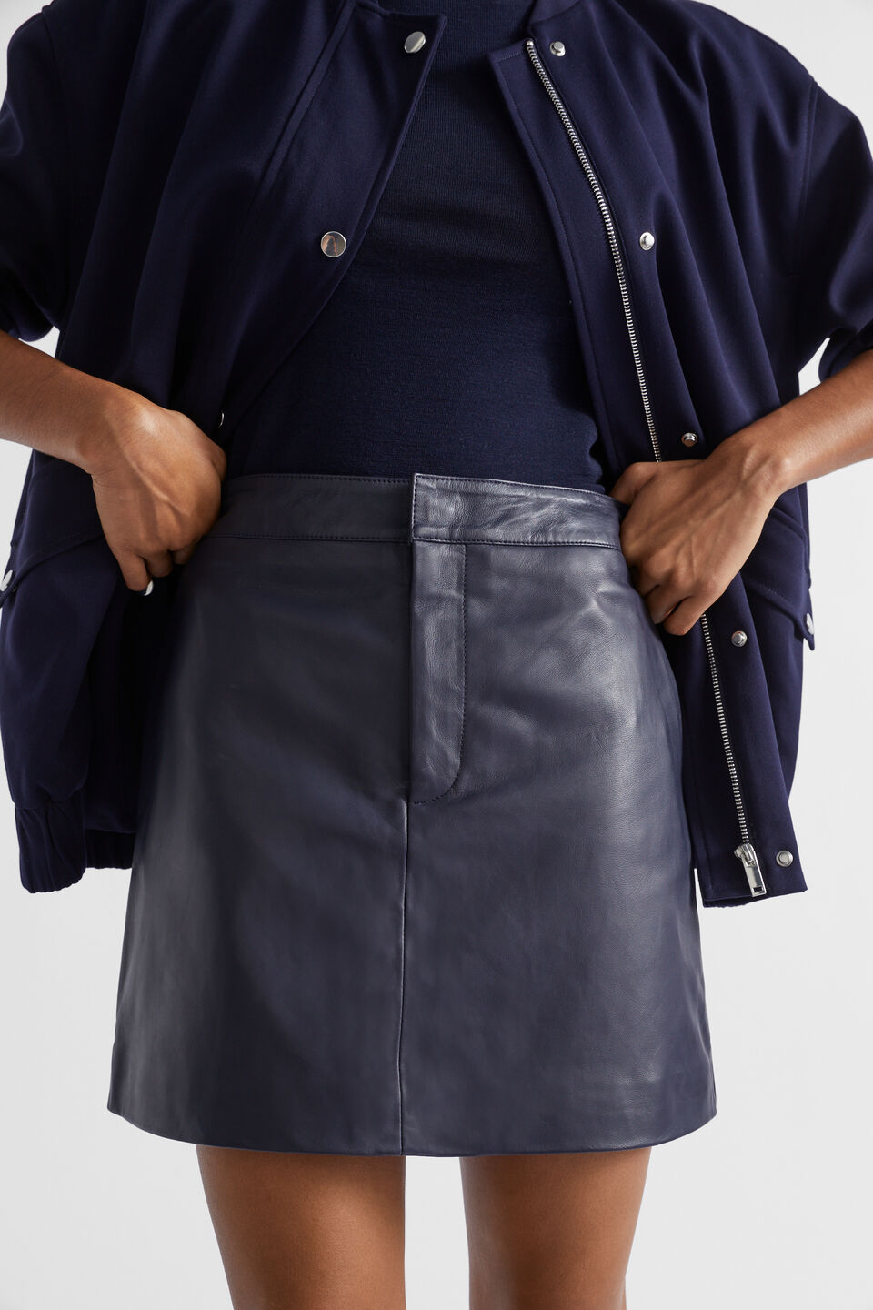 Leather Fly Front Mini Skirt  Midnight Sky