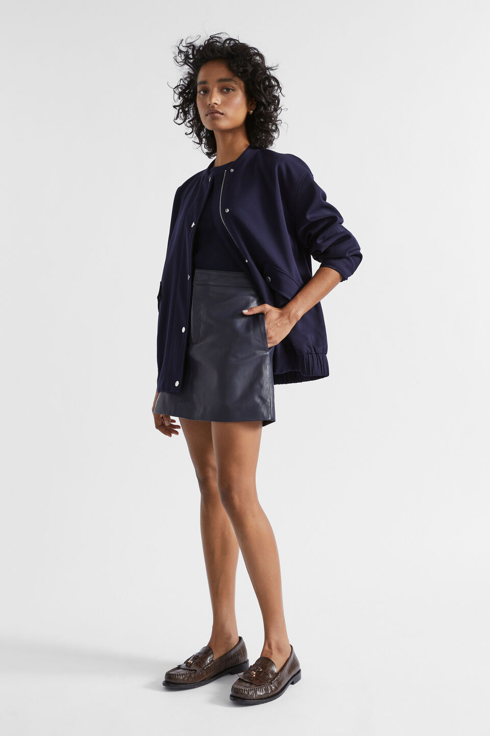 Leather Fly Front Mini Skirt  Midnight Sky