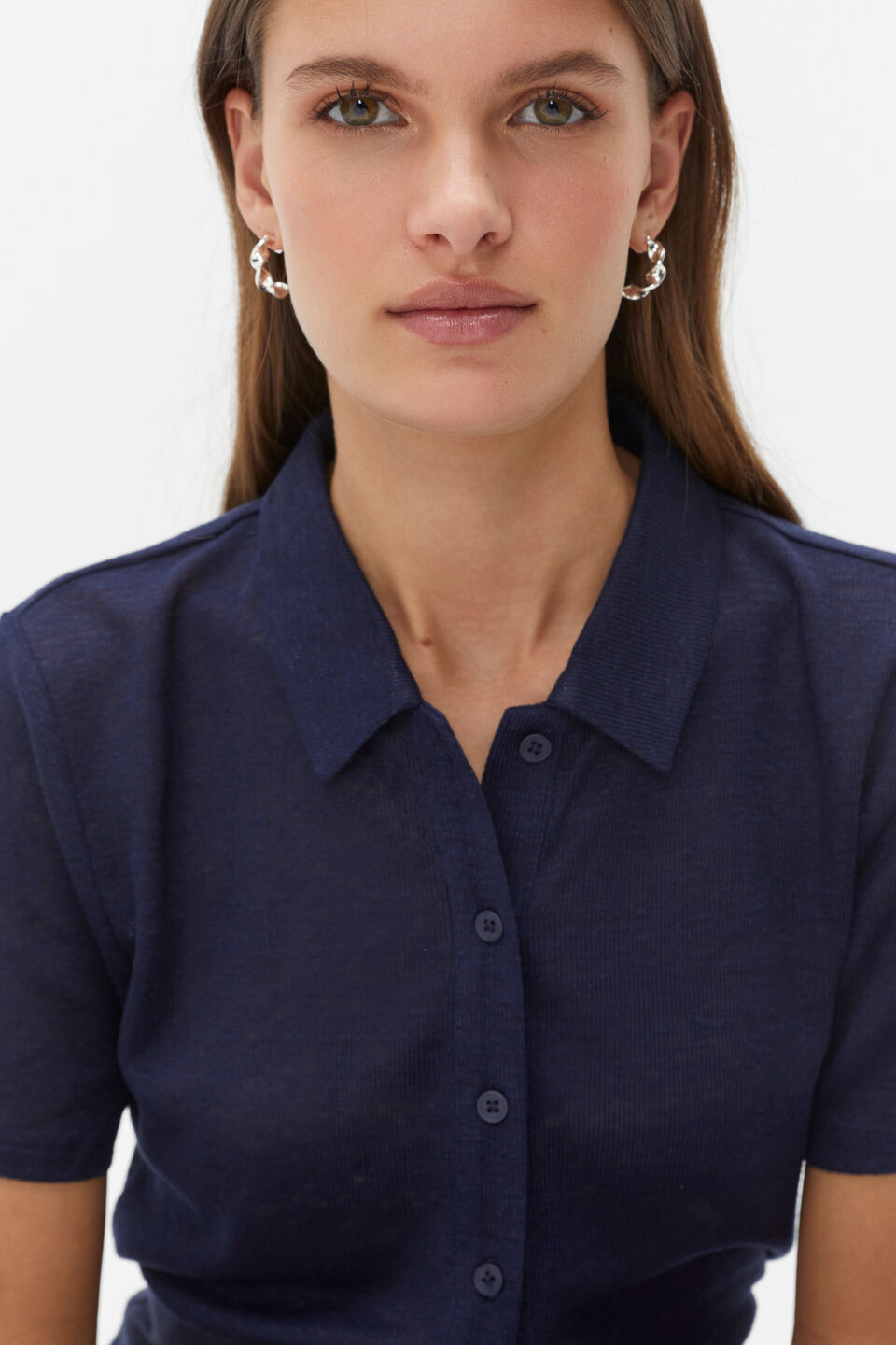 Button Through Polo Top  Midnight Sky