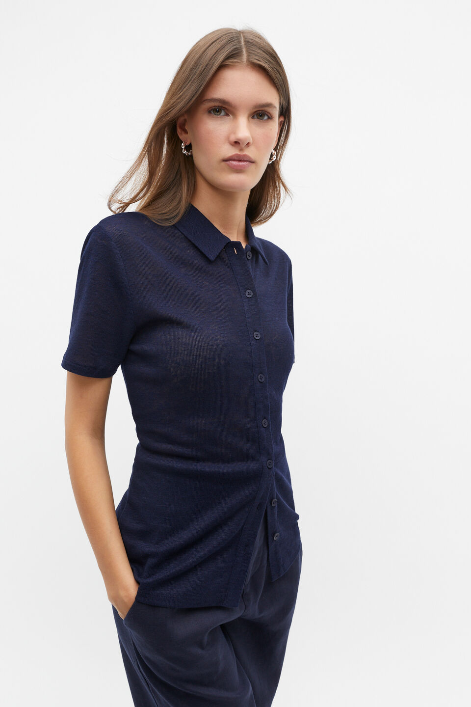 Button Through Polo Top  Midnight Sky