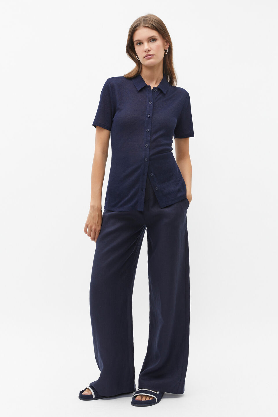 Button Through Polo Top  Midnight Sky