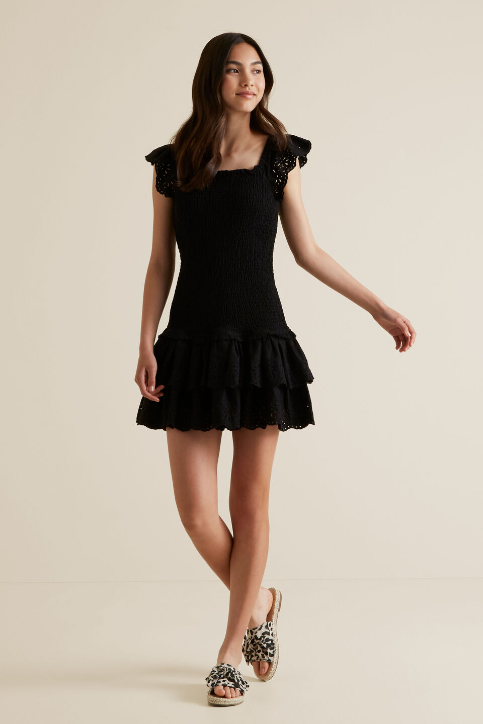 Embroidered Shirred Dress  