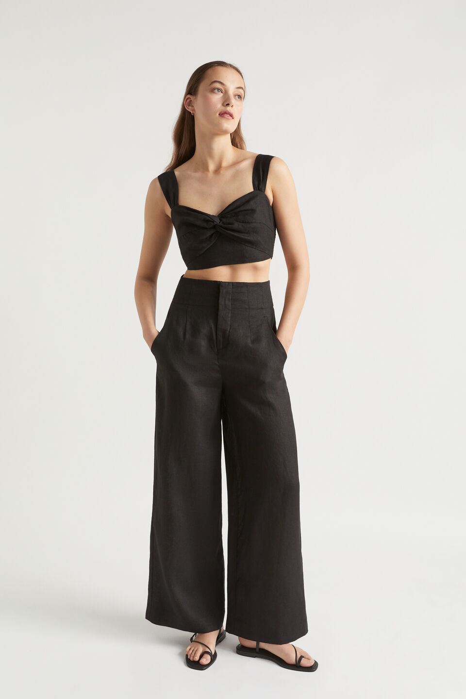 Linen Twist Front Crop Top  Black