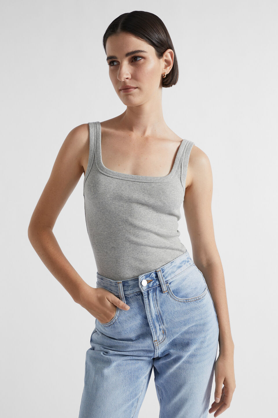 Square Neck Rib Tank  Silver Marle