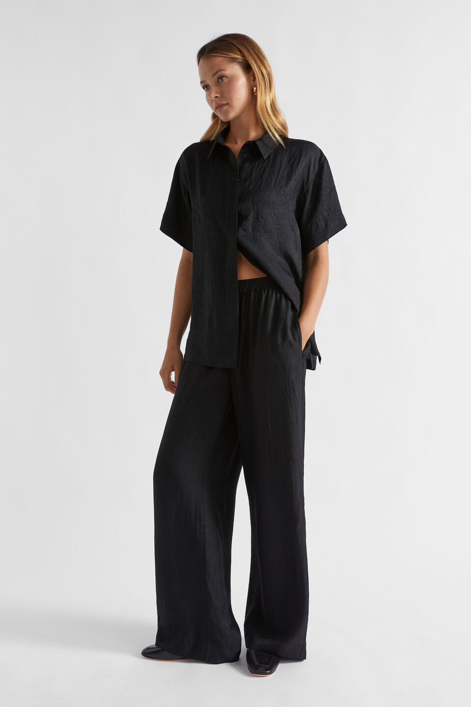 Satin Short Sleeve Shirt  Black