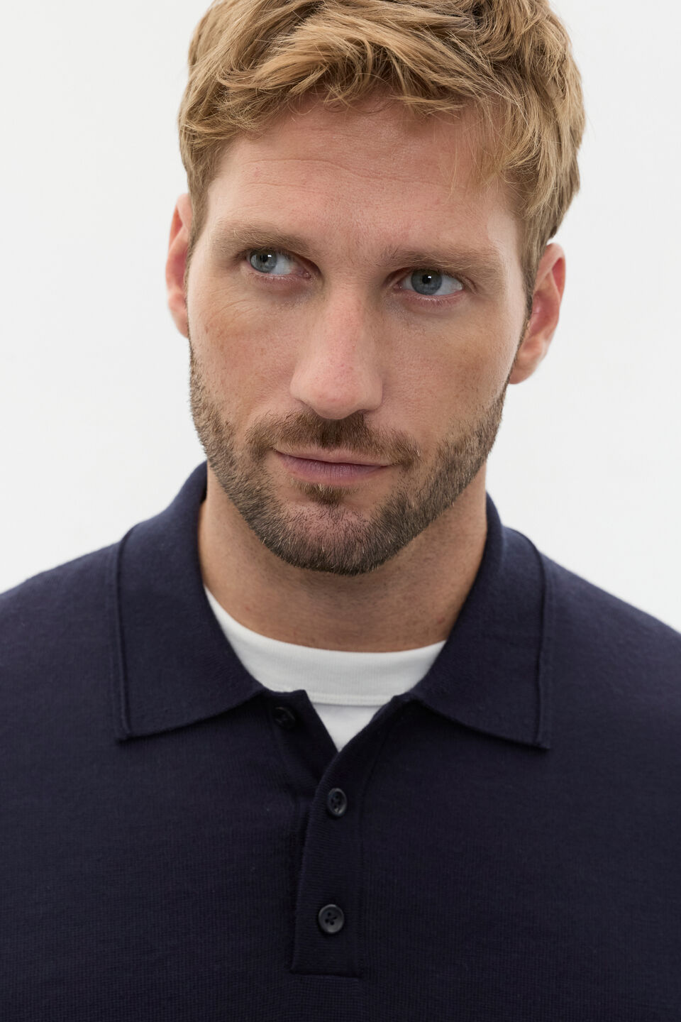 Merino Wool Long Sleeve Polo  Midnight Blue