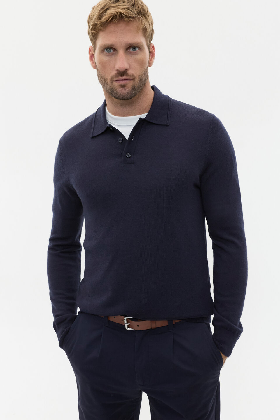 Merino Wool Long Sleeve Polo  Midnight Blue