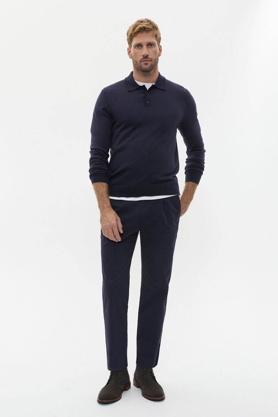 Merino Wool Long Sleeve Polo  Midnight Blue