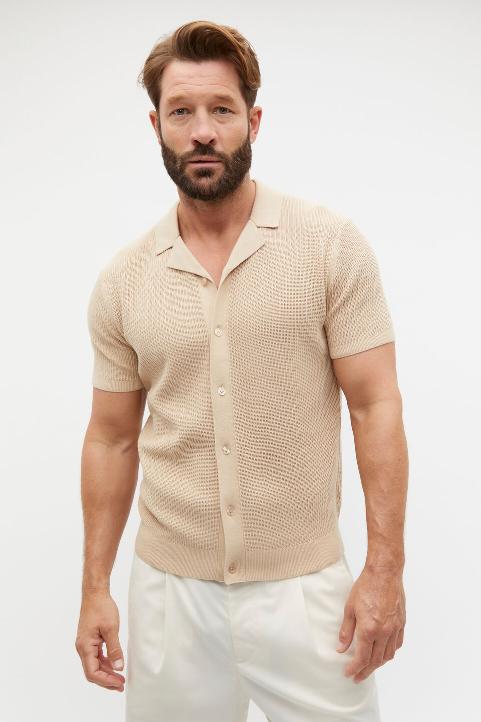 Button Down Open Knit  Sandshell