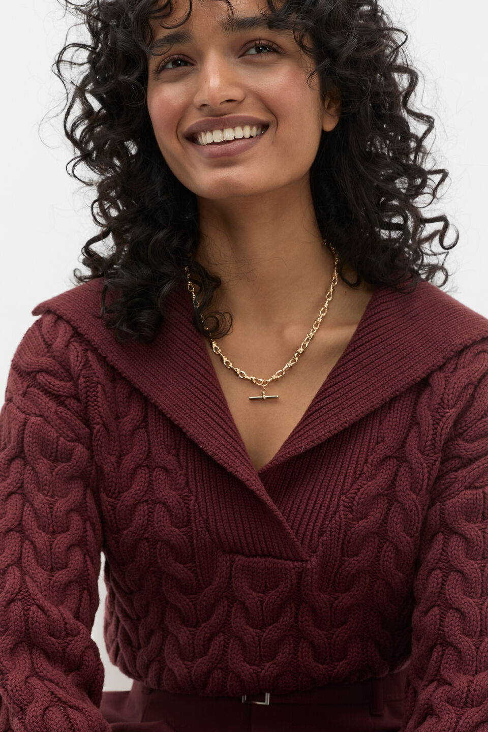 Easy Cable Knit Polo  Merlot