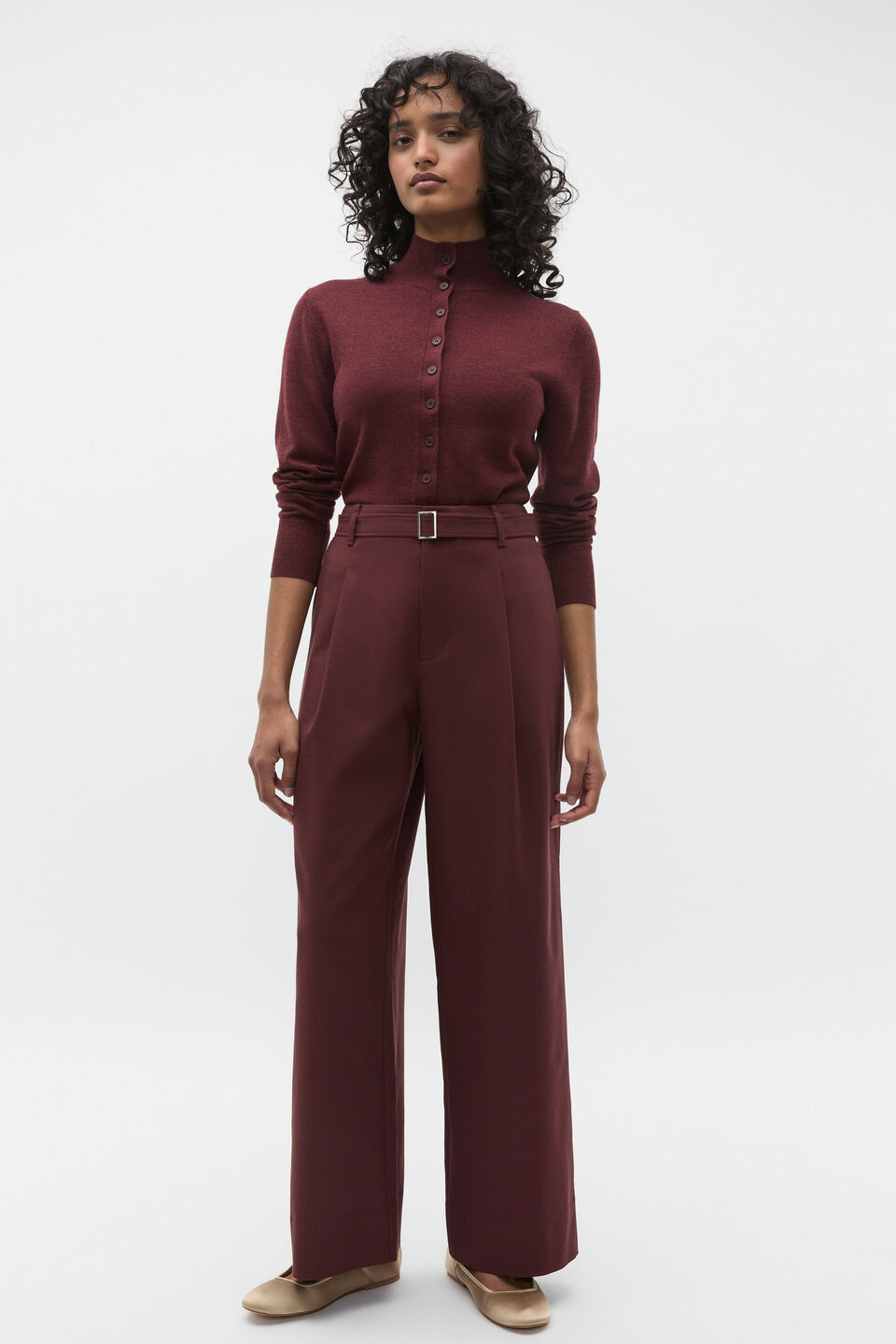 Belted Pleat Trouser  Merlot