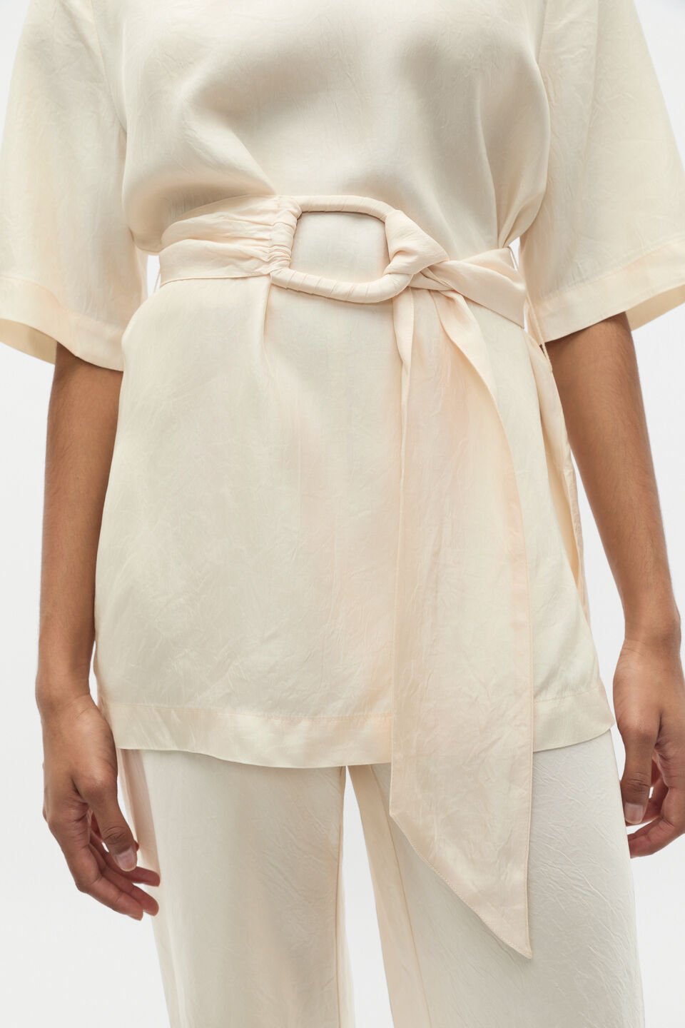 Crinkled Satin Belted Tunic  Coconut Cream